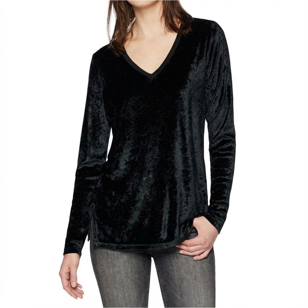 Michael Stars Vali Black Long Sleeve Velvet Top Vneck Side Slits M Relax Fit
